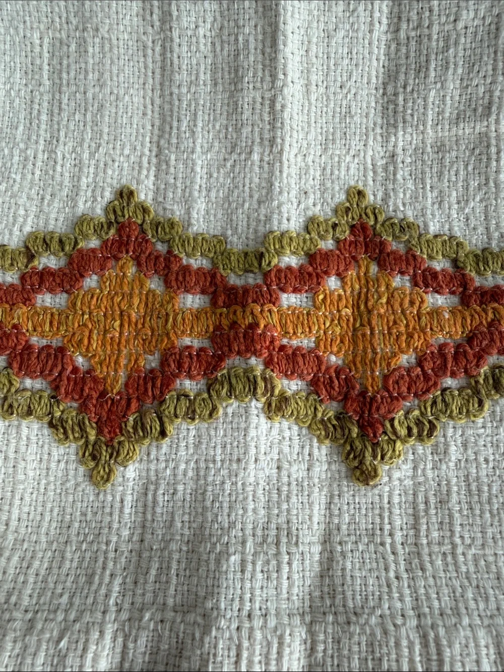 1970’s Boho MCM Cafe Curtain Valances in Cream & Embroidered Oranges and Green